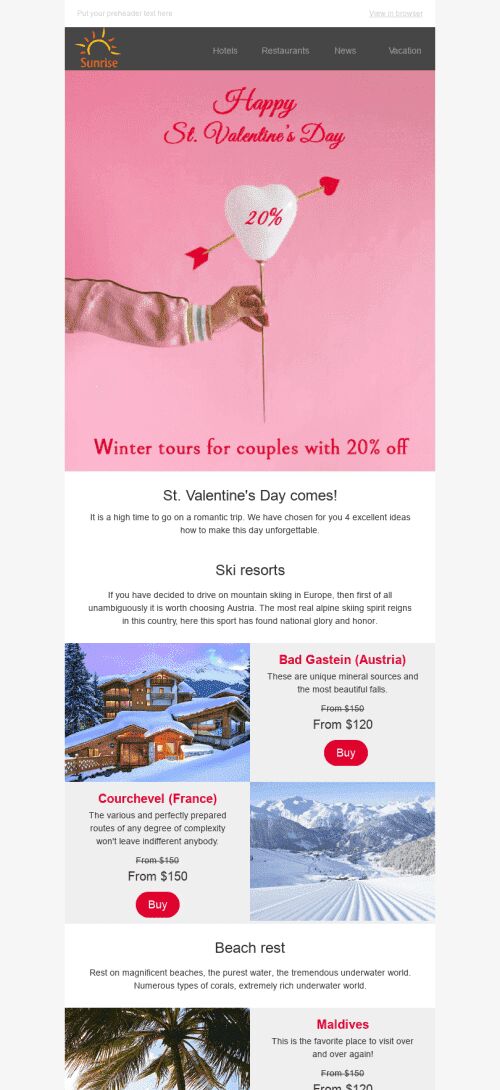 Valentine’s Day Email Template "Winter Adventure" for Tourism industry mobile view