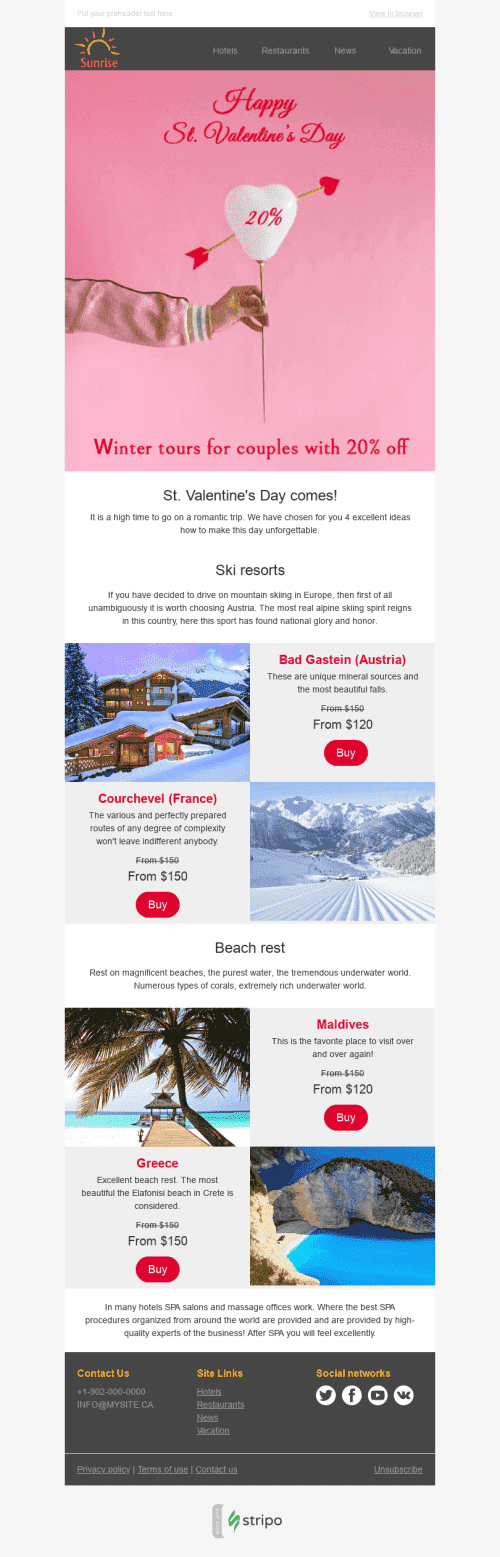 Valentine’s Day Email Template "Winter Adventure" for Tourism industrydesktop view