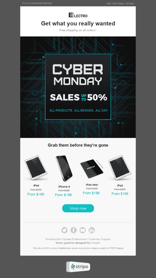 Modèle de courrier électronique Cyber Monday "Ventes en ligne" pour le secteur Gadgets Affichage mobile