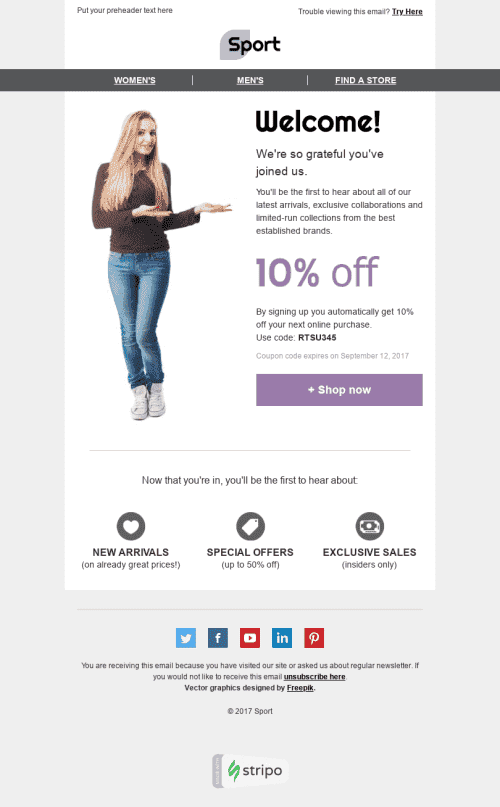 Modèle de courrier électronique Bienvenue "La chance des débutants" pour le secteur Sports Affichage mobile