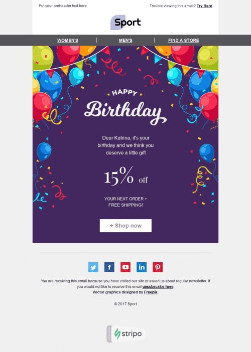 Birthday Email Template "Cheerful Party" for Sports industry mobile view