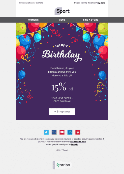 Modèle de courrier électronique Anniversaire "Fête joyeuse" pour le secteur Sports Affichage mobile