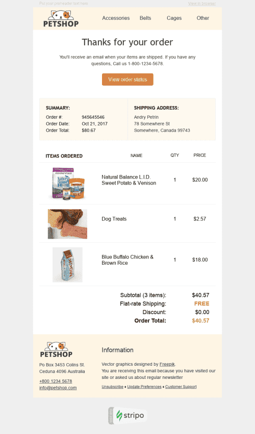 Шаблон листа про підтвердження замовлення "Собачий корм" для індустрії "Тварини" десктопний вигляд