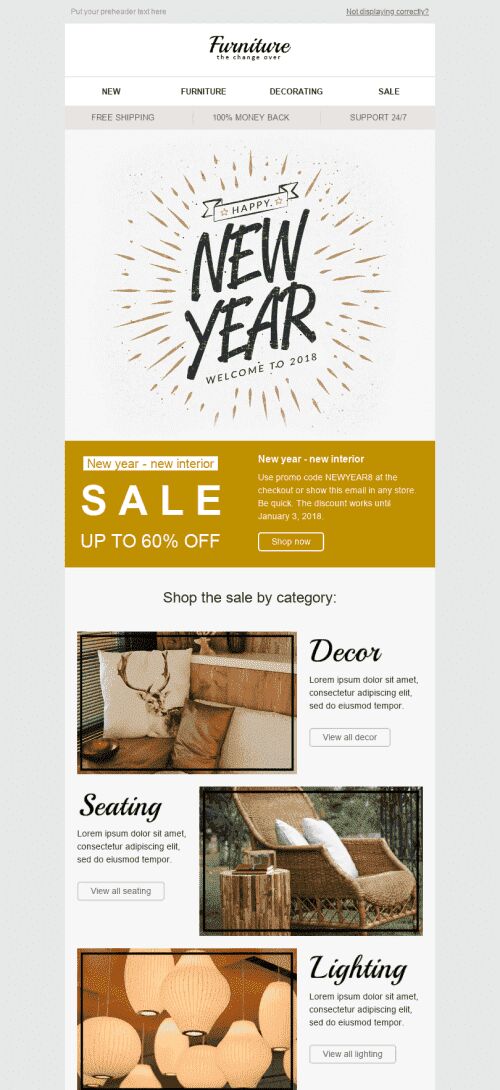 New Year Email Template "Stylish Interior" for Furniture, Interior & DIY industry mobile view