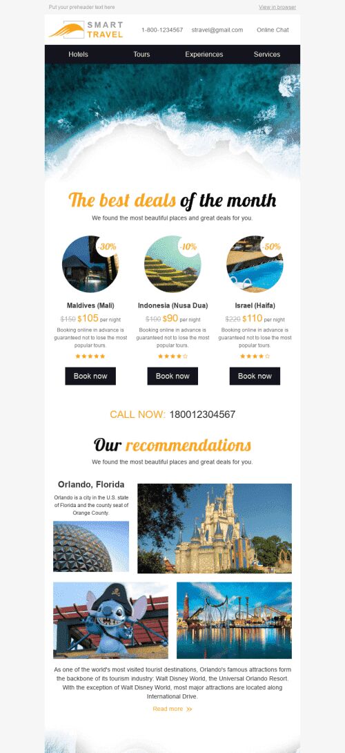 Discount Email Template "Deal of Month" for Tourism industry mobile view