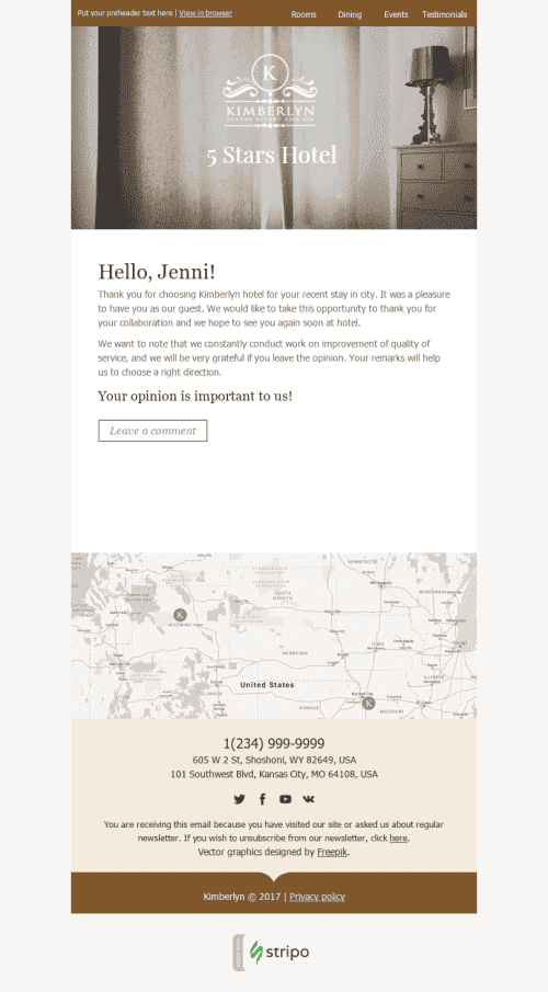 Modello Email Email di ringraziamento "Buone recensioni" per il settore industriale di Hotel Visualizzazione desktop