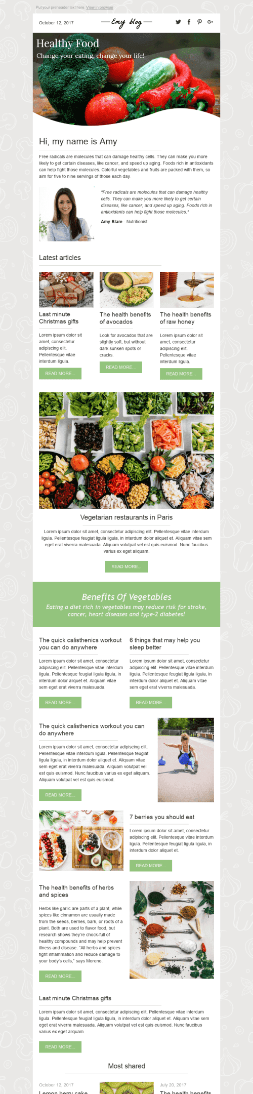 Modèle de courrier électronique Promo "Aliments sains" pour le secteur Publications & Blogging Affichage mobile