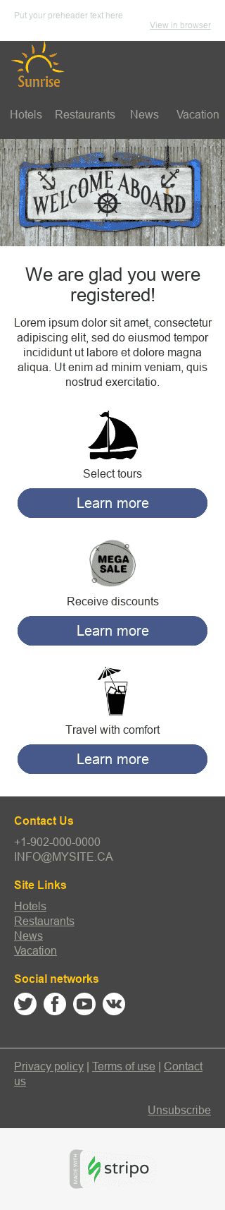 Modèle de courrier électronique Bienvenue "Voyagez avec nous" pour le secteur Tourisme Affichage mobile