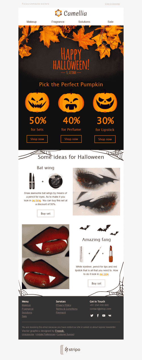 Modèle de courrier électronique Halloween "Un très joli maquillage" pour le secteur Beauté & Soins Affichage mobile