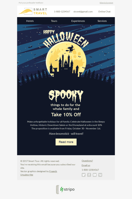 Modello Email Halloween "Tour indimenticabili" per il settore industriale di Turismo Visualizzazione desktop