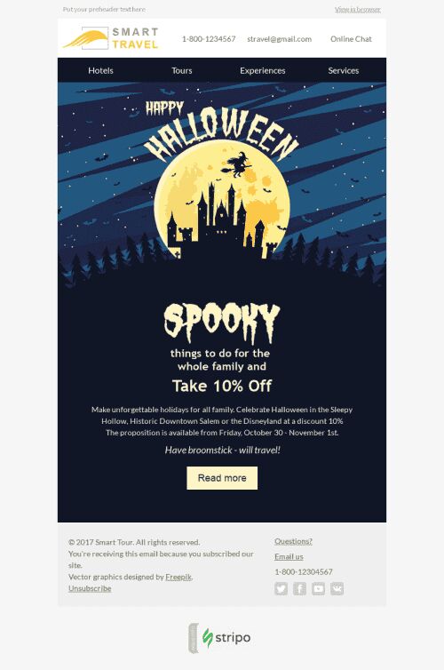 Halloween Email Template "Unforgettable Tours" for Tourism industry mobile view