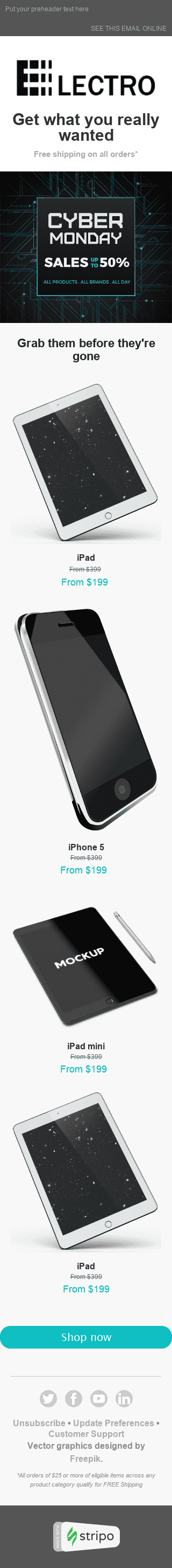 Plantilla de correo electrónico "Ventas en línea" de Ciberlunes para la industria de Gadget Vista de móvil