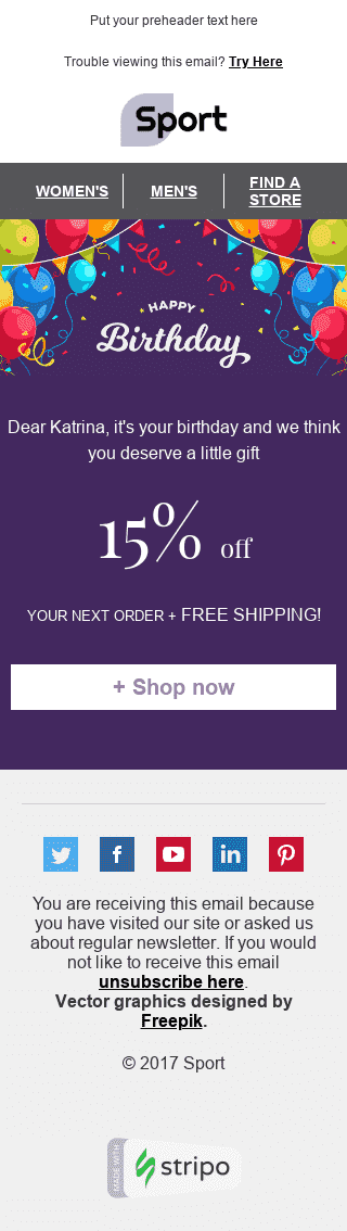 Plantilla de correo electrónico "Fiesta alegre" de Cumpleaños para la industria de Deportes Vista de móvil