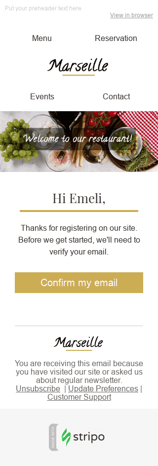 Шаблон листа з привітанням клієнта після реєстрації "Нове знайомство" для індустрії "Ресторани" мобільний вигляд