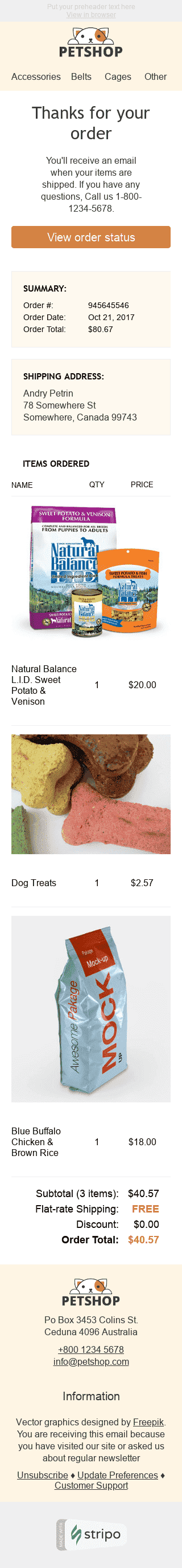 Шаблон листа про підтвердження замовлення "Собачий корм" для індустрії "Тварини" мобільний вигляд