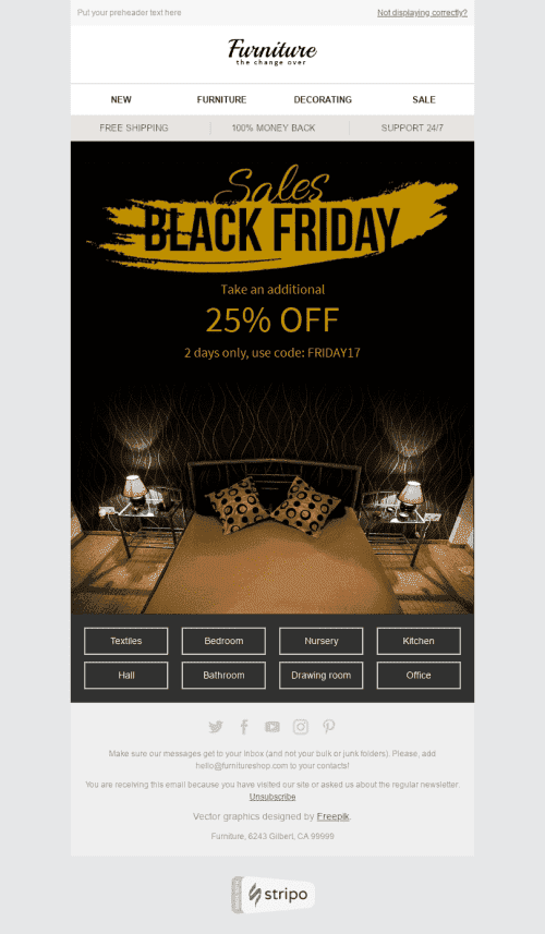 Black Friday E-Mail-Vorlage "Goldenes Zeitalter" für Möbel, Innenausstattung & DIY-Branche Desktop-Ansicht