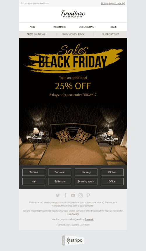 Black Friday Email Template "Golden Age" for Furniture, Interior & DIY industry mobile view