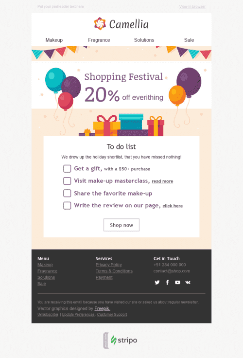 Modello Email Global Shopping Festival "Lista delle vacanze" per il settore industriale di Bellezza e cura della persona Visualizzazione desktop