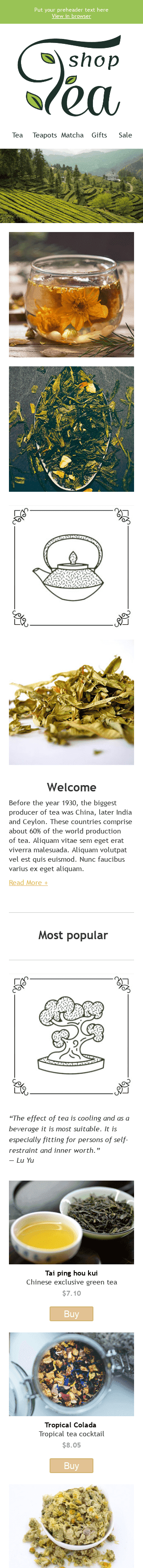 Modello Email Promo "Negozio di tè" per il settore industriale di Bevande Visualizzazione mobile