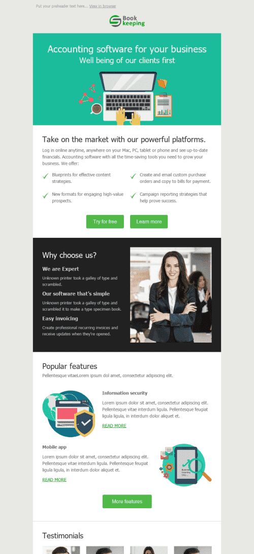 Promo Email Template "Personal Accountant" for Finance industry mobile view
