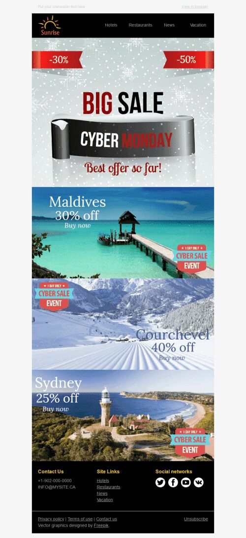 Cyber Monday Email Template "Perfect Trip" for Tourism industry mobile view