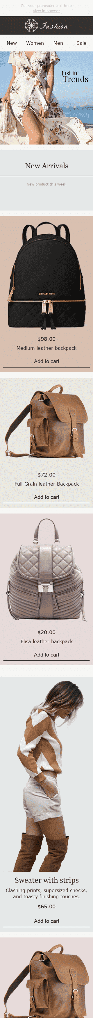 Modelo de E-mail de «Últimas Tendências» de Promoção para a indústria de Moda Visualização de dispositivo móvel