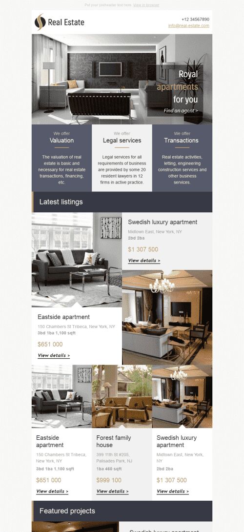 Promo Email Template "Royal Apartments" for Real Estate industry mobile view
