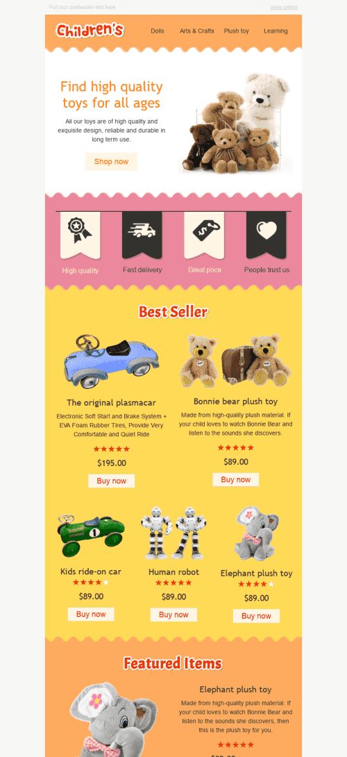 Promo Email Template "Funny Toys" for Kids Goods industry mobile view