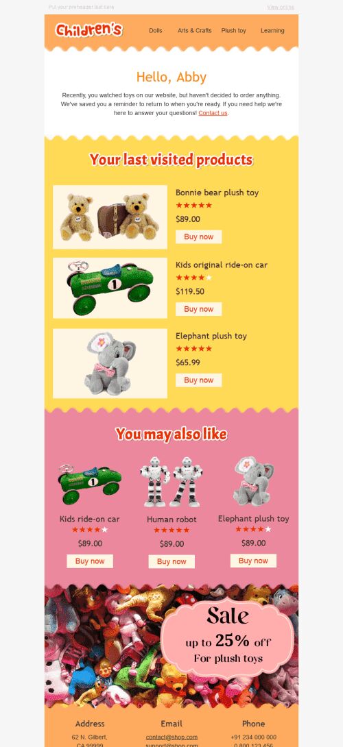 Abandoned Cart Email Template "Plush World" for Kids Goods industry mobile view