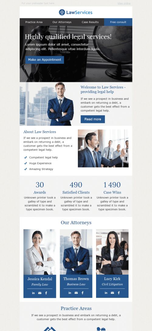 Promo Email Template "Winning Case" for Legal industry mobile view