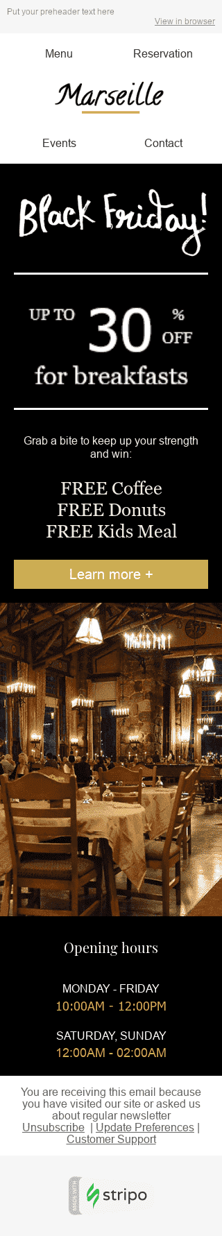 Шаблон листа до свята Чорна П'ятниця "Безкоштовні ласощі" для індустрії "Ресторани" мобільний вигляд