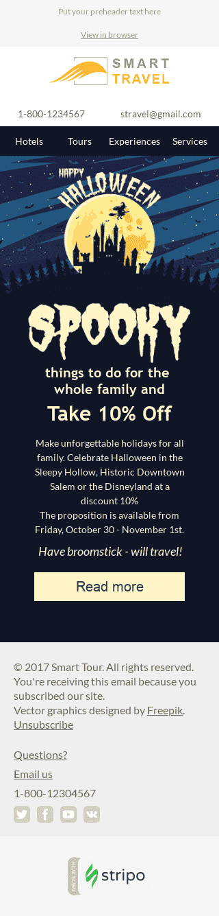 Modello Email Halloween "Tour indimenticabili" per il settore industriale di Turismo Visualizzazione mobile