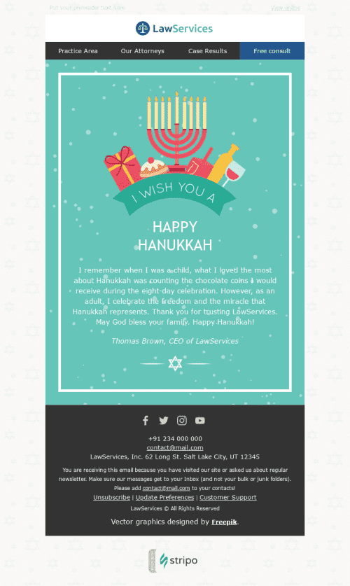 Hanukkah Email Template "Festival of Lights" for Legal industry mobile view