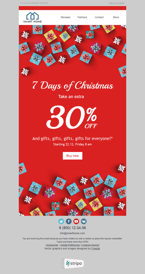 Weihnachten E-Mail-Vorlage "Geschenke für jedermann" für Möbel, Innenausstattung & DIY-Branche Desktop-Ansicht