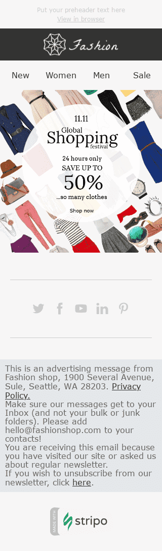 Modelo de E-mail de «Tantas Roupas» de Festival mundial de compras para a indústria de Moda Visualização de dispositivo móvel