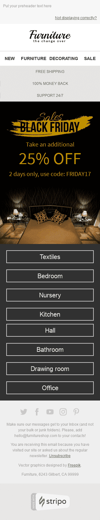 Black Friday E-Mail-Vorlage "Goldenes Zeitalter" für Möbel, Innenausstattung & DIY-Branche Ansicht auf Mobilgeräten