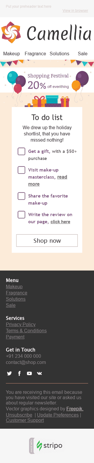 Modello Email Global Shopping Festival "Lista delle vacanze" per il settore industriale di Bellezza e cura della persona Visualizzazione mobile