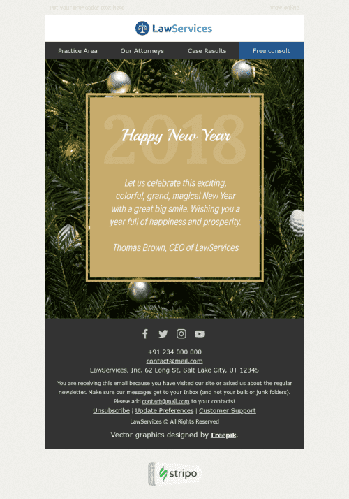 New Year Email Template "Fascinating Event" for Legal industry desktop view