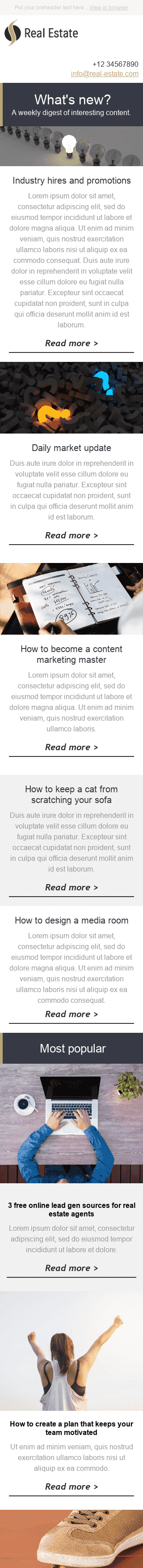 Modèle de courrier électronique Email de Rapport "Bulletin hebdomadaire" pour le secteur Immobilier Affichage mobile