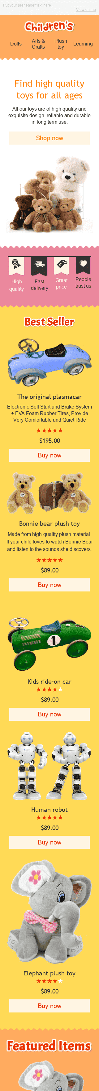 Modelo de E-mail de «Brinquedos Divertidos» de Promoção para a indústria de Artigos para crianças Visualização de dispositivo móvel