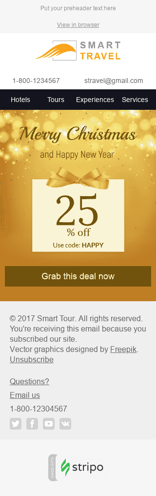 Modèle de courrier électronique Noël "Confetti dorés" pour le secteur Tourisme Affichage mobile