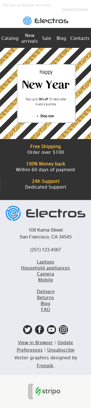 Modèle de courrier électronique Nouvel An "Doré et noir" pour le secteur Gadgets Affichage mobile