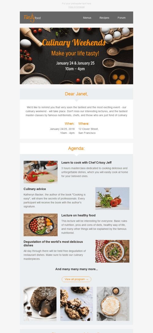 Event Reminder Email Template "Culinary Weekend" for Food industry mobile view