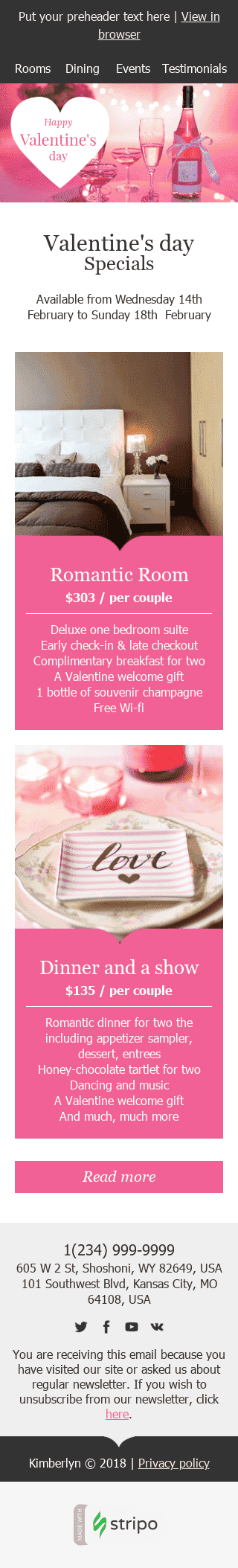 Modèle de courrier électronique Saint Valentin "Week-end romantique" pour le secteur Hôtels Affichage mobile