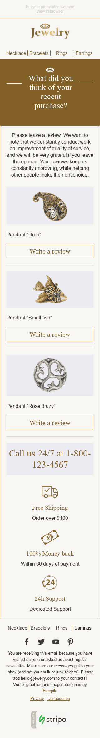 Modelo de E-mail de «Sua Opinião» de Compra recente para a indústria de Joalheria Visualização de dispositivo móvel