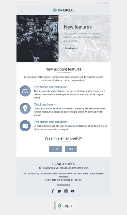 Product Update Email Template "New Features" for Finance industry mobile view