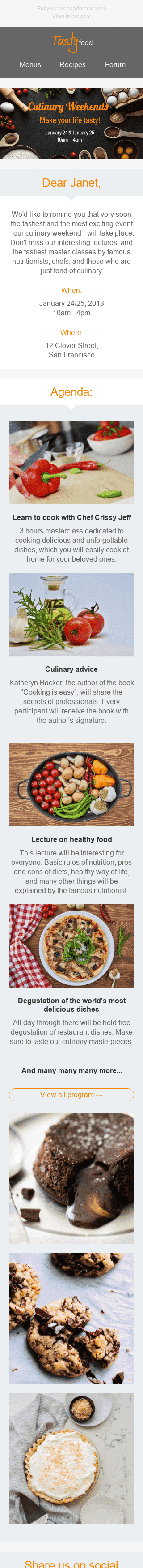 Event Reminder Email Template "Culinary Weekend" for Food industry mobile view