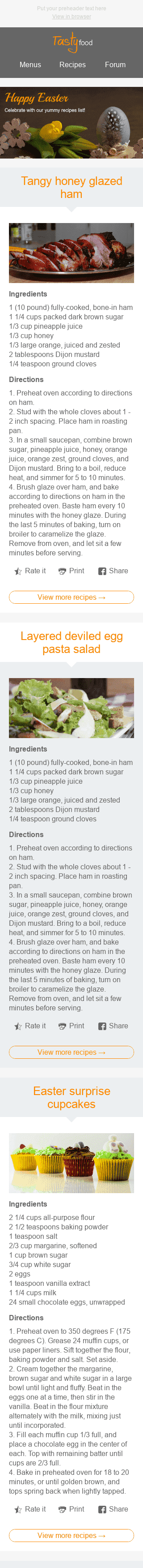 Ostern E-Mail-Vorlage "Beste Rezepte" für Essen-Branche Ansicht auf Mobilgeräten