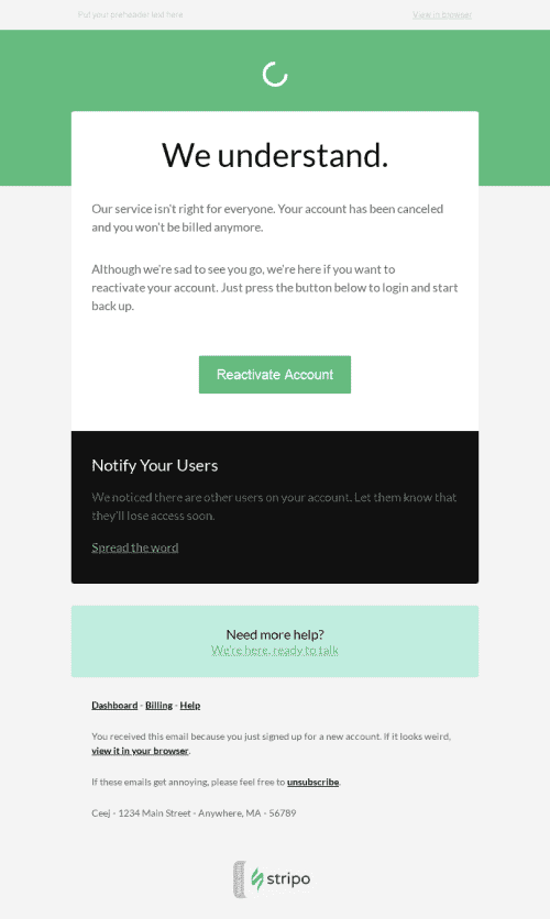 Plantilla de correo electrónico "Cuenta suspendida" de Retención y reactivación para la industria de Software y tecnología Vista de escritorio