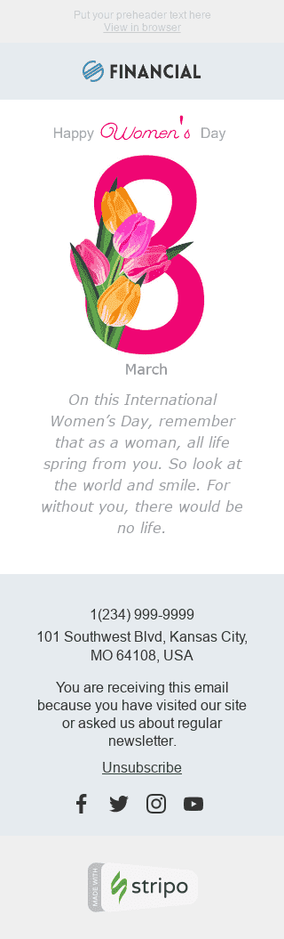 Modello Email Festa della donna "Regala un sorriso" per il settore industriale di Finanza Visualizzazione mobile